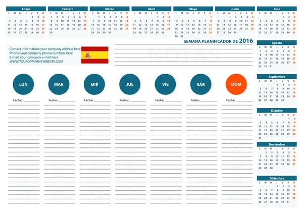 2016 Spain Week Planner Calendar Vector Design Template 2