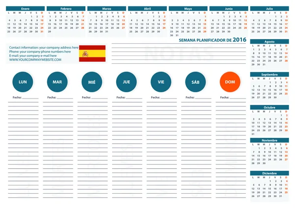 2016 Spain Week Planner Calendar Vector Design Template 2 — Stock Vector
