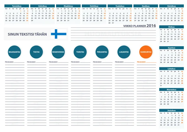 2016 Finlandia Semana Planificador Calendario Vector Diseño Plantilla 2 — Archivo Imágenes Vectoriales