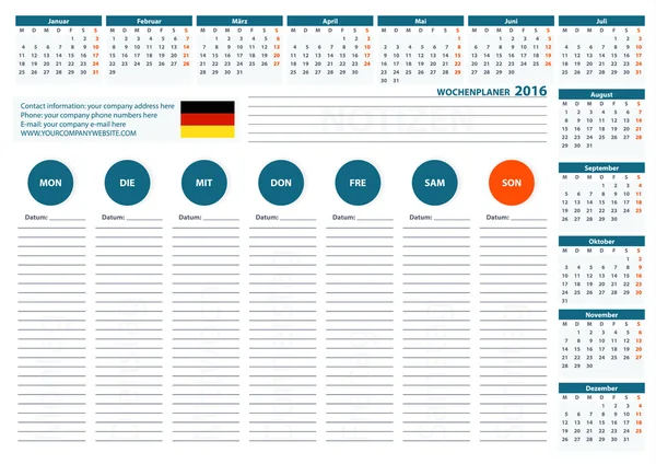2016 German Week Planner Calendar Vector Design Template 2 — 图库矢量图片