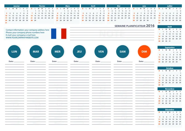 2016 French Week Planner Calendar Vector Design Template 2 — ストックベクタ