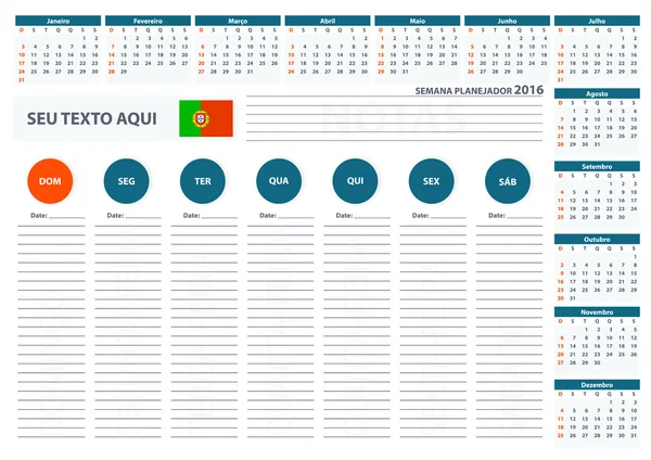 2016 Calendário do Planejador Semanal Português Modelo de Design de Vetor 2 —  Vetores de Stock