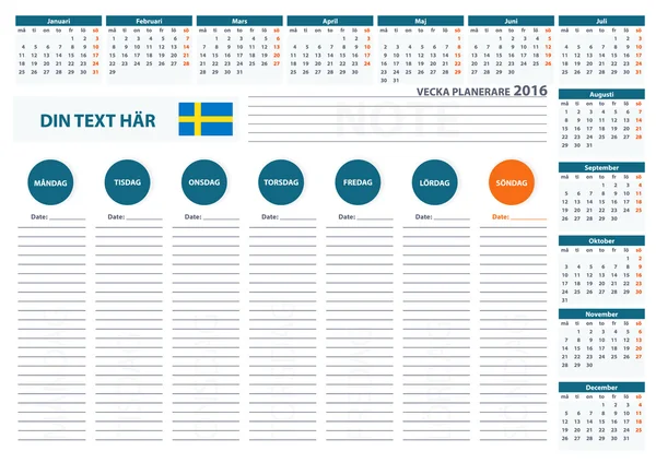 Modèle de conception vectorielle de calendrier de planificateur de semaine de la Suède 2016 2 — Image vectorielle