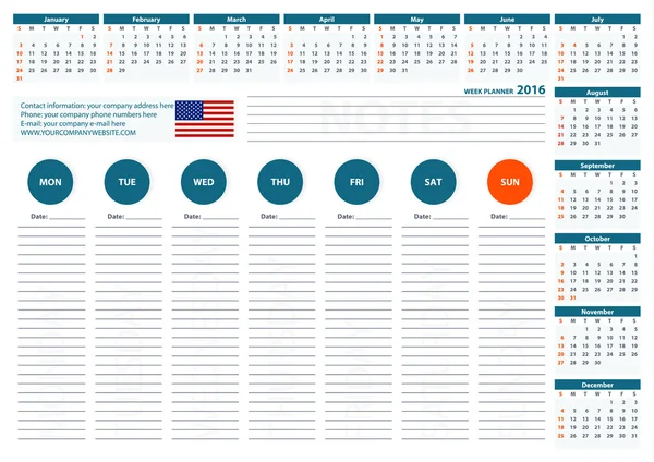 2016 Semana EE.UU. Planificador Calendario Vector Diseño Plantilla 2 — Archivo Imágenes Vectoriales