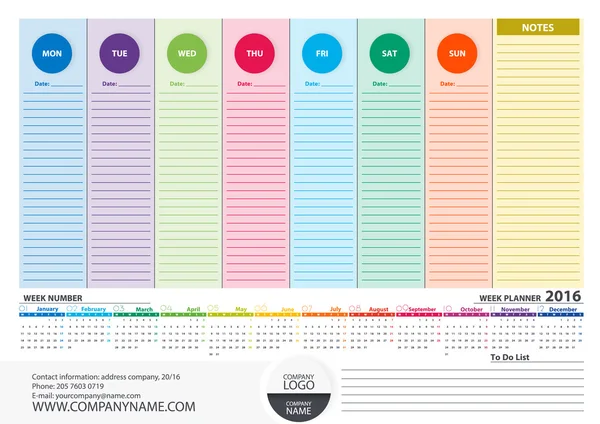 Planificador de semana 2016 Calendario colorido Plantilla de diseño vectorial — Vector de stock