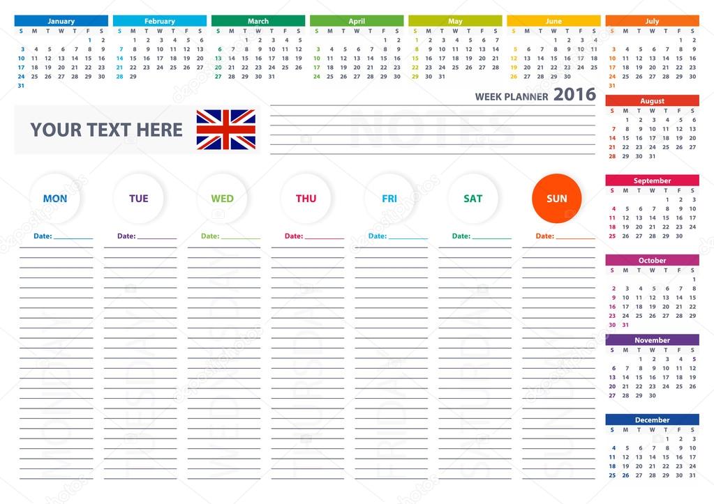 2016 English Week Planner Calendar Vector Design Template