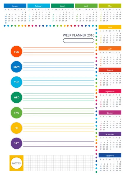 2016 Semana Planificador Calendario Cartel Rainbow Colores — Archivo Imágenes Vectoriales