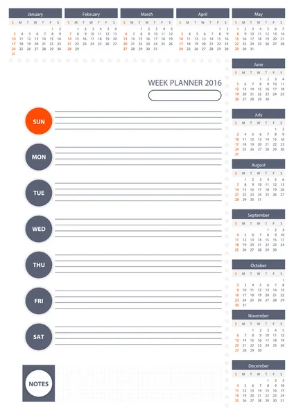 2016 Semana Planner Calendário Cartaz — Vetor de Stock