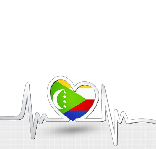 Comoren vlag hart en hartslag lijn — Stockvector