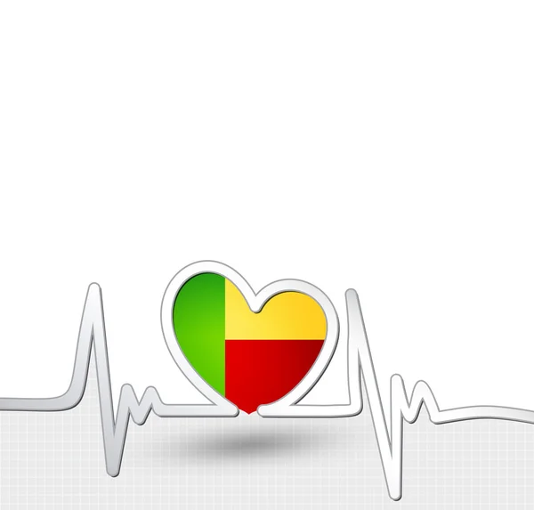 Benin flag heart and heartbeat line — Stock Vector