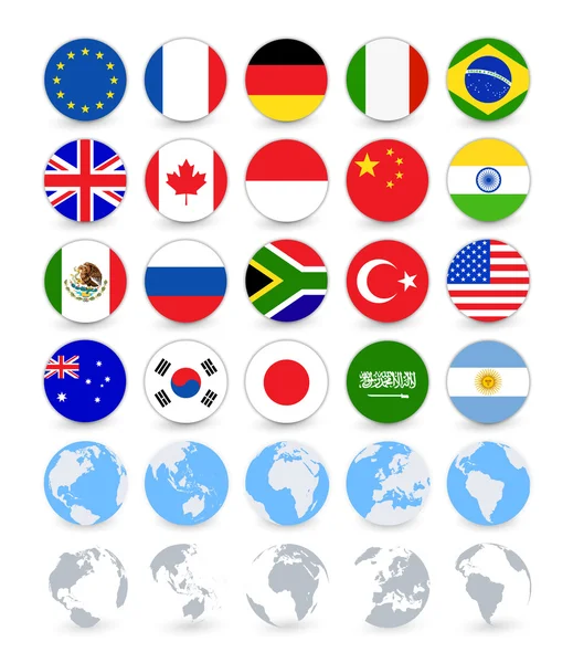 Drapeaux de pays du G20 boutons web plats avec globes — Image vectorielle