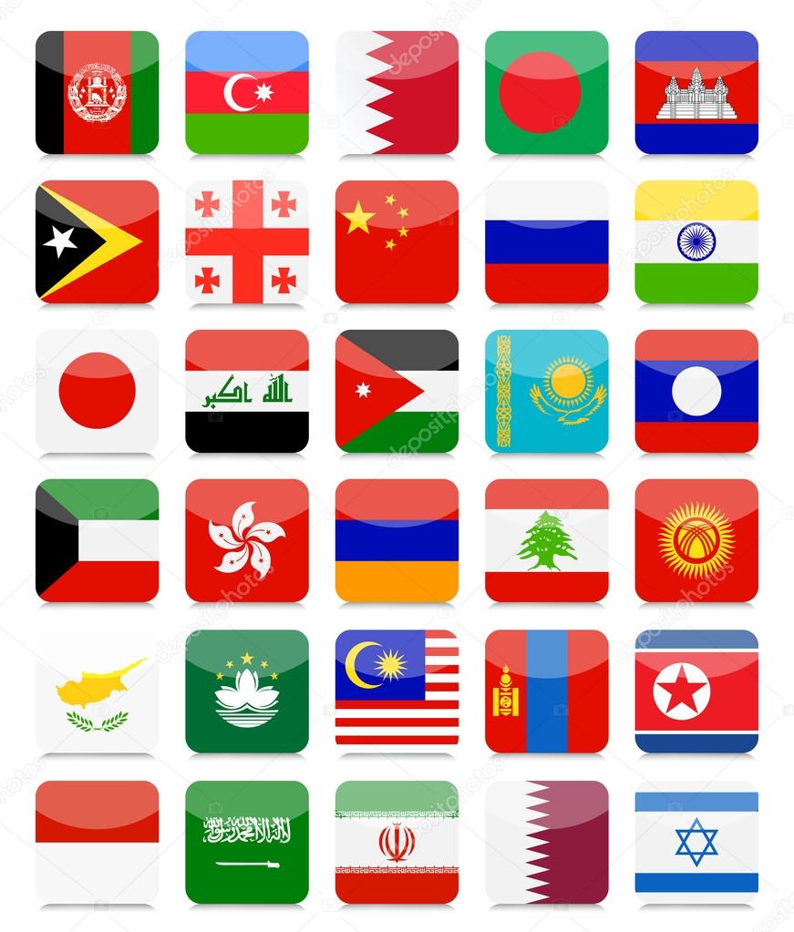 Asian Flags Flat Square Icon Set