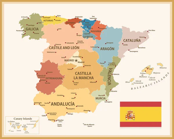 Vintage Mapa da Espanha com bandeira — Vetor de Stock