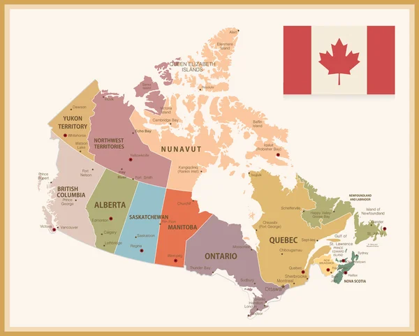 Vintage Mapa do Canadá com bandeira — Vetor de Stock