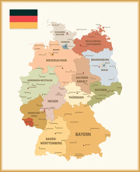 Mapa a color vintage de Alemania con bandera — Vector de stock