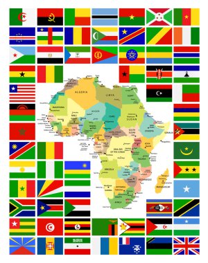 Tüm Afrika bayrakları kümesi ve bu harita tam