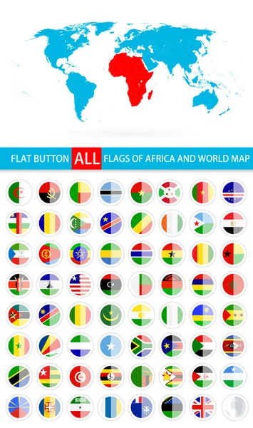 Drapeaux ronds à boutons plats d'Afrique Ensemble complet et carte du monde — Image vectorielle