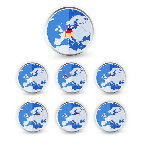 Flat Globe set with EU countries Mappa del Mondo Ubicazione Parte 2 — Vettoriale Stock