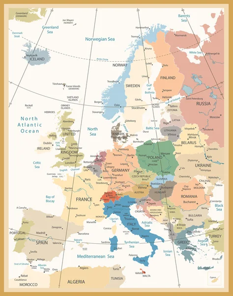 欧洲复古色彩的政治地图 — 图库矢量图片