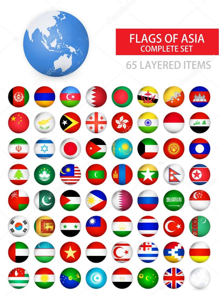 Round Glossy Flags of Asia Complete Set