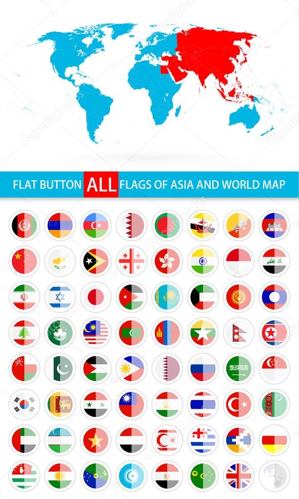 Round Flat Button Flags Of Asia Complete Set and World Map