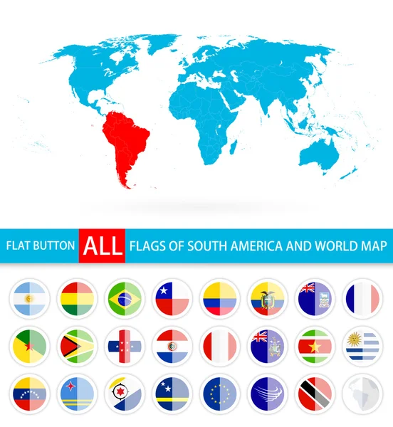 Banderas redondas planas de América del Sur Conjunto completo y mapa del mundo — Vector de stock