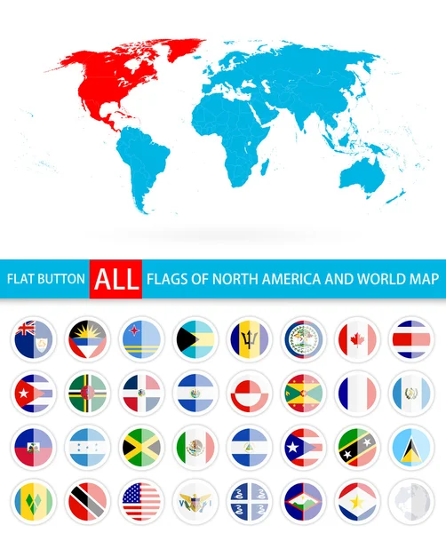 Płaskie okrągłe flagi Ameryki Północnej kompletny zestaw i mapa świata — Wektor stockowy