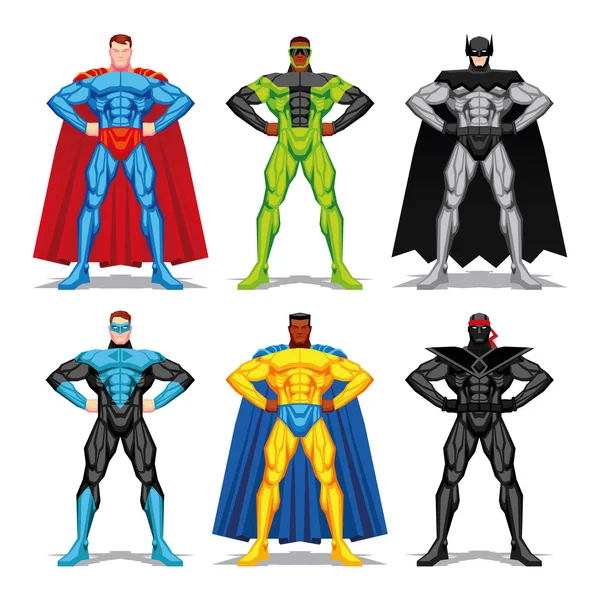 Set Of Different Superheroes Isolated On White Background — Stock Vector