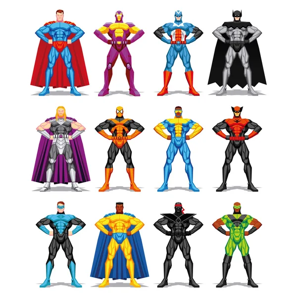 Set van verschillende superhelden geïsoleerd op witte achtergrond Stockillustratie