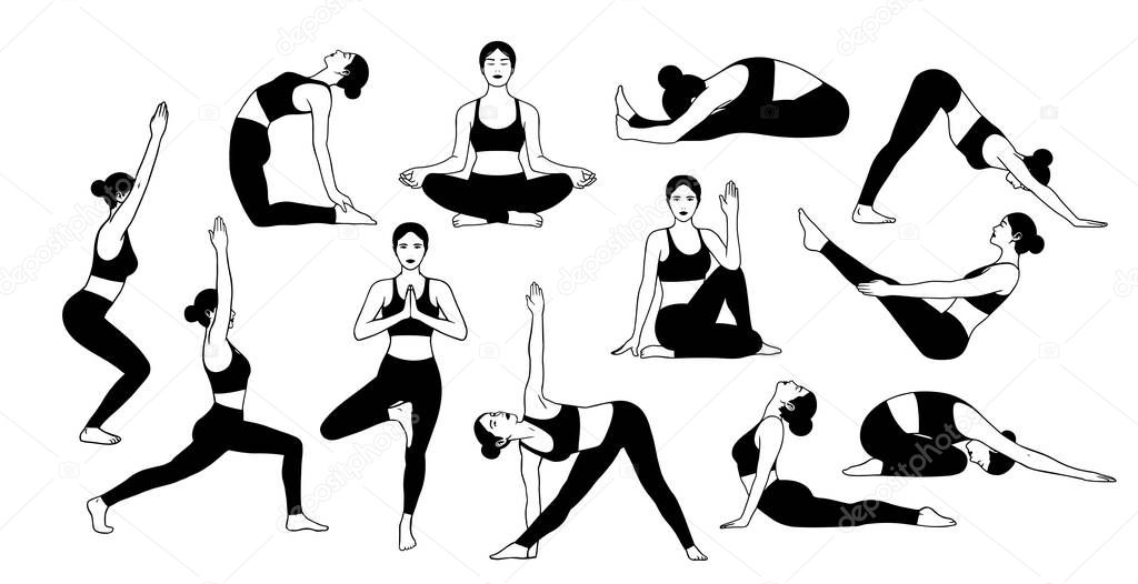 Set of women doing yoga exercises
