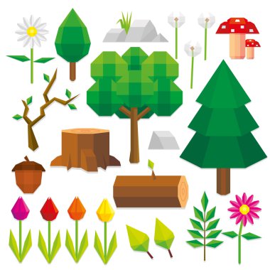 Set Of Low Poly Style Nature Elements Isolated