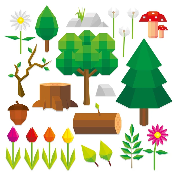 Set Of Low Poly Style Nature Elements Isolated — Stok Vektör