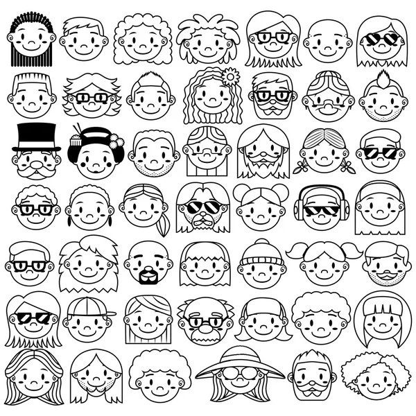 Ensemble de différents visages mignons isolés — Image vectorielle