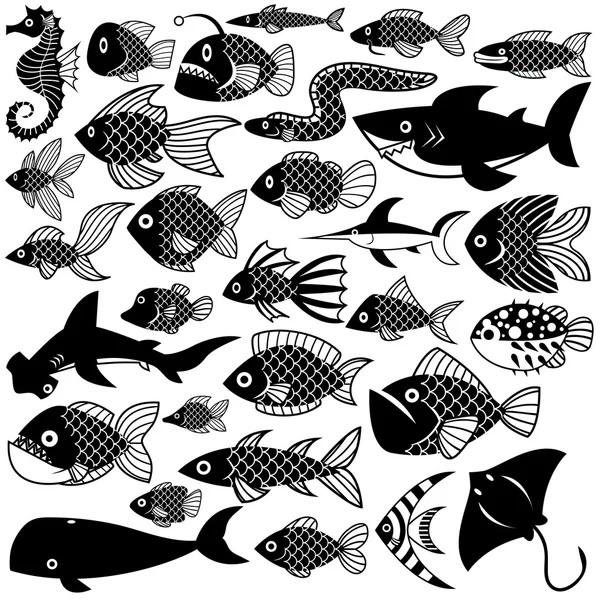 Uppsättningen av olika fiskar isolerad på vit bakgrund — Stock vektor
