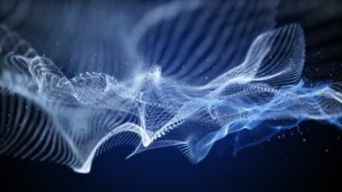 Dalga nesnesi ve parıldayan parçacıklarla gelecek video animasyonu, 4096x2304 döngü 4K