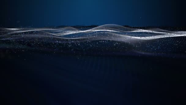 波のオブジェクトとスローモーションでキラキラ粒子と未来的なビデオアニメーション 4096X2304ループ — ストック動画