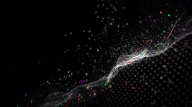 Gri dalga nesnesi ve yavaş çekimde renkli sim parçacıkları ile gelecek video animasyonu, 4096x2304 döngü 4K