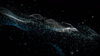 Dalga nesnesi ve parıldayan parçacıklarla gelecek video animasyonu, 4096x2304 döngü 4K