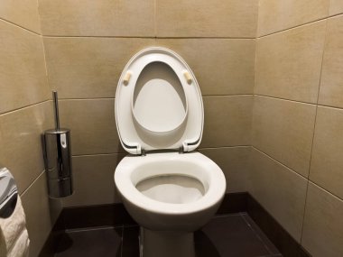 Banyoda beyaz seramik tuvalet, hiç kimse, ayrı tuvalet, duvarda Avrupa sifonu, beyaz plastik tuvalet kenarı, umumi tuvalet yükseltilmiş kenar. Yüksek kalite