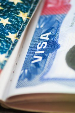 Dünya seyahati için pasaport, ABD vizesi, tur, havaalanı, gümrük, ABD vize haberleri, Amerika 'nın kapalı sınırları, uyruğu. Makro fotoğraf. Yüksek kalite fotoğraf