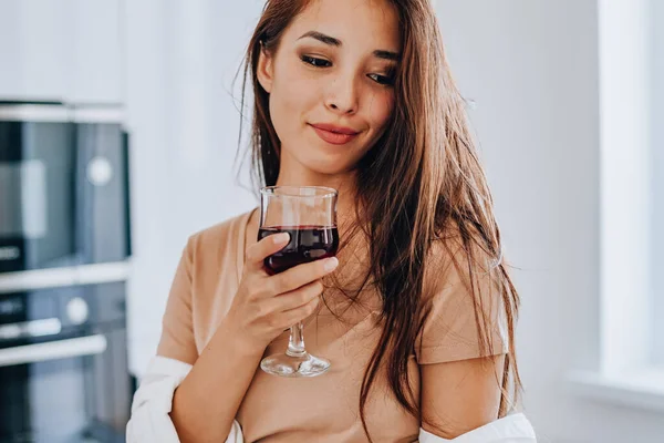 Asian Woman Drinking Wine Kitchen Home — Stock Photo, Image