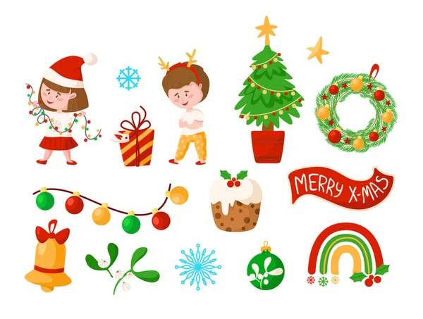 Navidad niños dibujos animados conjunto vector — Vector de stock