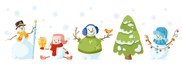 Dibujos animados muñeco de nieve aislado vector conjunto — Vector de stock