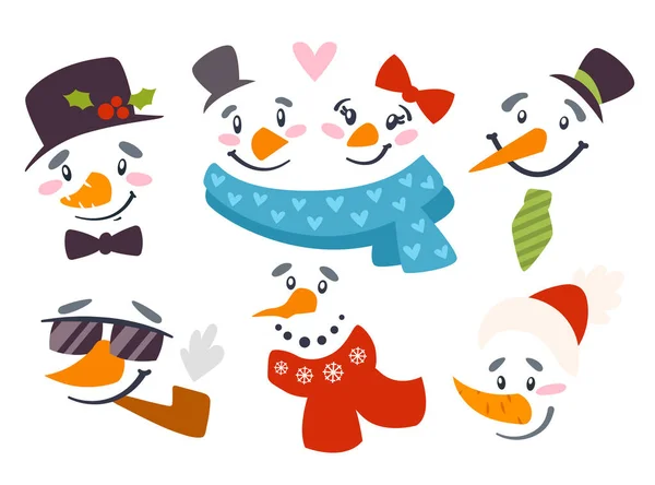 Carino pupazzo di neve facce clipart vettore set — Vettoriale Stock