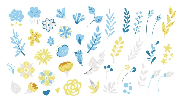 Primavera floral clipart isolado, azul e amarelo flores do bebê — Vetor de Stock