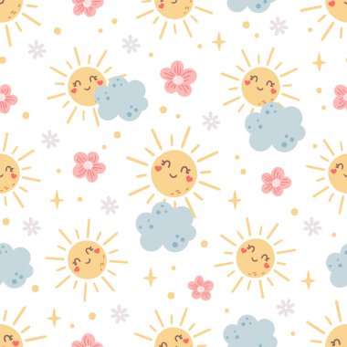 Çizgi film çocukları, güneş, bulut ve gökkuşağı desenli kusursuz desenler.