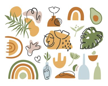 Boho soyut geometrik şekiller izole edilmiş beyaz klitorisler