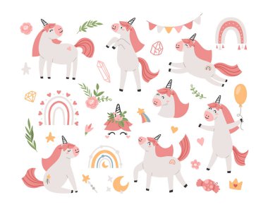 Pembe şirin tek boynuzlu at çocukları izole edilmiş klişe bohça.