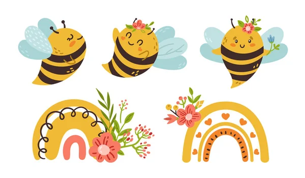 Μέλι μέλισσα κινούμενα σχέδια παιδιά απομονωμένο κλιπ δέσμη τέχνης — Διανυσματικό Αρχείο