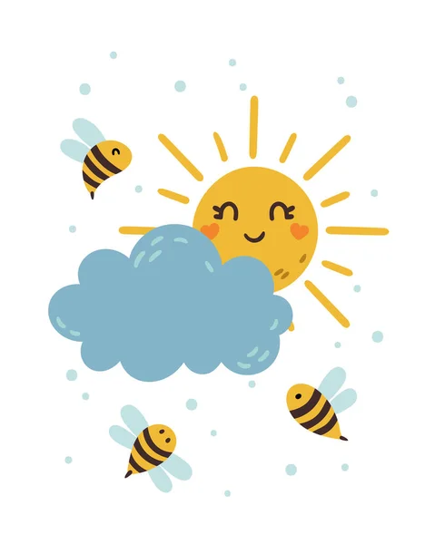 Honey Bee, Sun and cloud kids vector poster template — Stock Vector